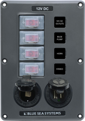 BlueSea BS-4321 Schalterpaneel mit 4 Schaltern und 2 Steckdosen (12V + USB)