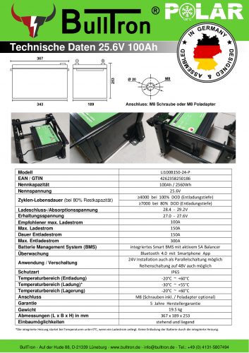 BullTron Lithium Batterie 25,6V 100Ah Smart BMS Polar