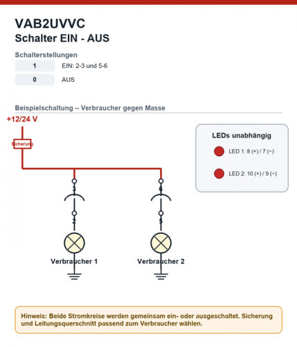 VAB2UVVC Carling Schalter EIN-AUS 1-0 mit LED 2× rot 12/24V-15A ohne Wippe

