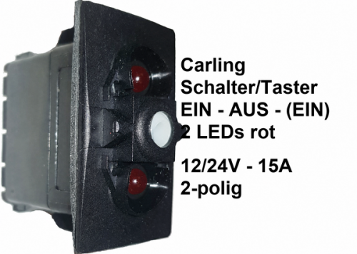 VKB2UVVC Carling Schalter/Taster EIN-AUS-(EIN) 1-0-(2) mit LED 2× rot 12/24V-15A ohne Wippe
