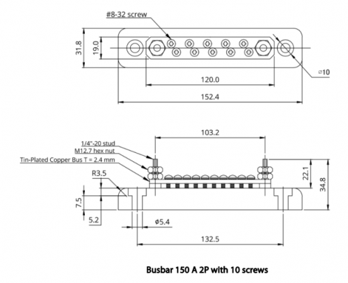 Victron Busbar 150A 2P with 10 screws +cover