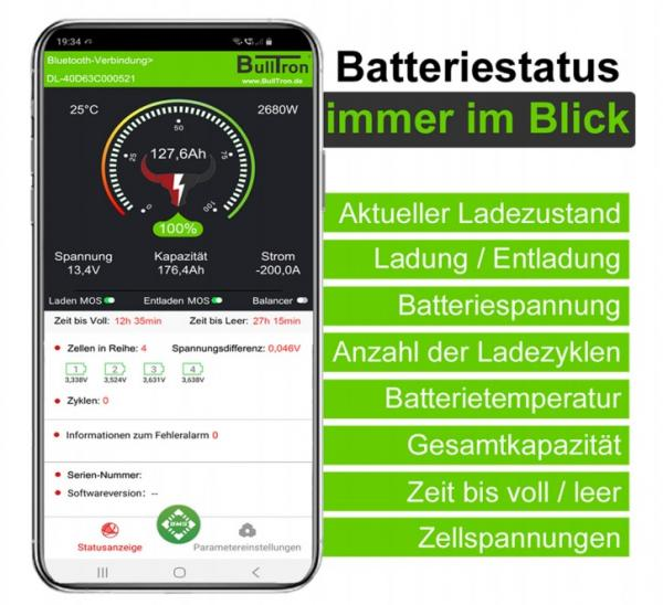 Akku mit Smart BMS, Bluetooth und Heizung, LiFePo4 Batterie 12,8V 150Ah