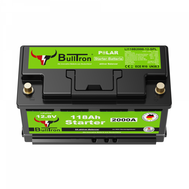 BullTron Lithium Starter Batterie 12,8 V 118 Ah Polar – 2000 A Startstrom, kompakte 279-mm-Bauform