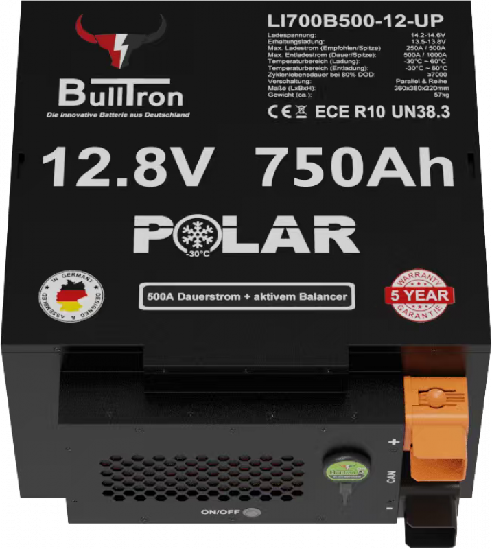 BullTron Lithium Batterie 12,8 V 750 Ah Untersitz Polar – 500 A Smart BMS, Bluetooth, WLAN & Heizung